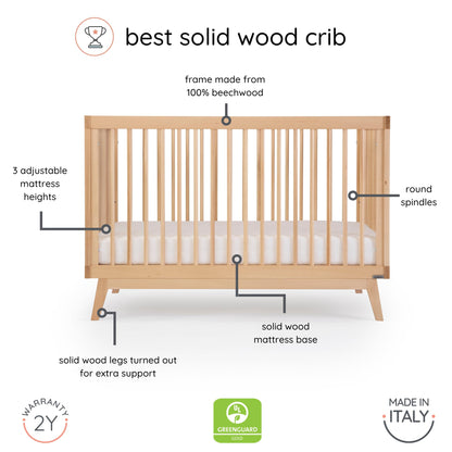 dadada Baby Soho 3-in-1 Convertible Crib – Made in Italy, GREENGUARD Gold, Adjustable Mattress Height, Solid Beechwood – Baby-Safe Finish, Modern - WoodArtSupply