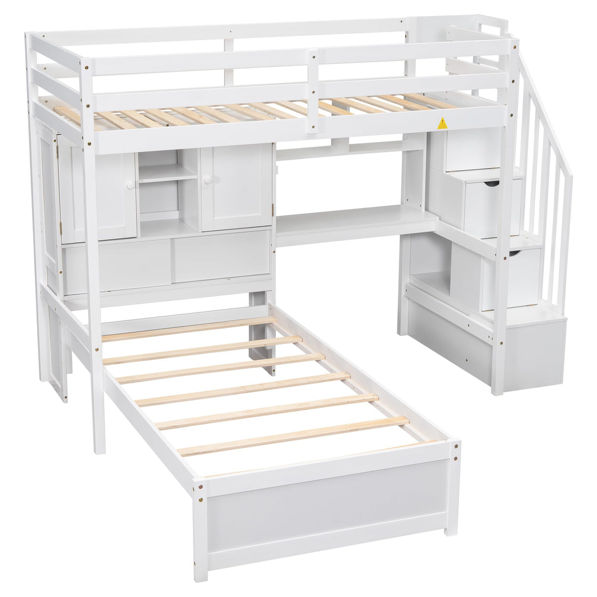 HRJHLucky Twin Over Twin Loft Bed with Built-in Desk and Staircase, White Pine Wood+MDF Bunk Bed with Storage Compartments and Shelves for Children, Teens, Adults HRJHLucky