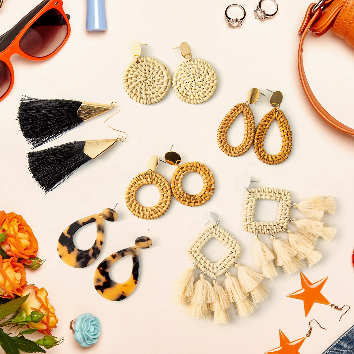 Ponpon 6 Pairs Rattan Earrings, Lightweight Summer Straw Earrings Fashion Geometric Statement Hoop Dangle Drop Zinc Earrings for Women Ponpon