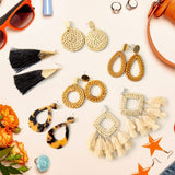 Ponpon 6 Pairs Rattan Earrings, Lightweight Summer Straw Earrings Fashion Geometric Statement Hoop Dangle Drop Zinc Earrings for Women Ponpon