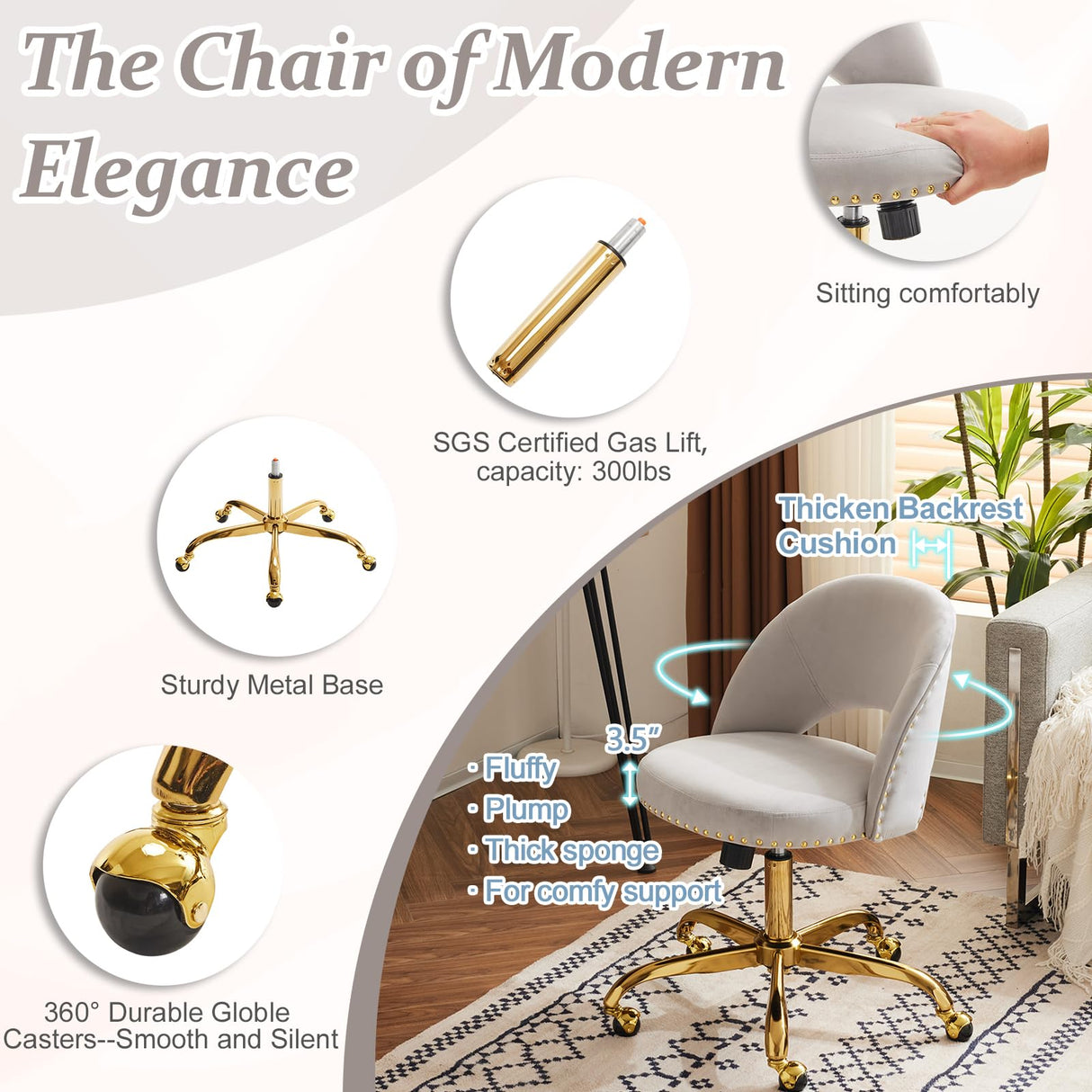 VINGLI Modern Velvet Small Office Chair,Cute Desk Chair with Wheels,Gold Base/Studs, Comfy Armless Swivel Vanity Task Chair for Women/Girl/Kids, Nail Tech Chair for Bedroom,Small Space,Grey VINGLI