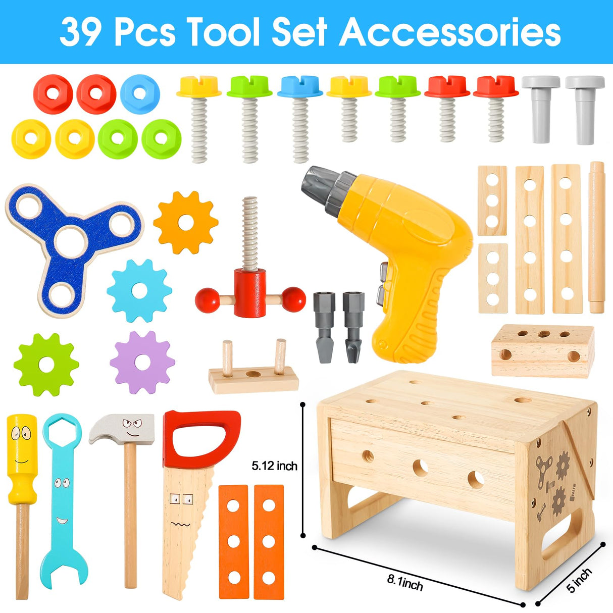 Kids Tool Set with Electric Drill, 39 Pcs Wooden Toddler Play Tool Bench Kits with Tool Box, Montessori STEM Educational Pretend Construction Toy for 3 4 5 6 Year Old Boys Girls Birthday Gifts BAODLON