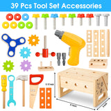 Kids Tool Set with Electric Drill, 39 Pcs Wooden Toddler Play Tool Bench Kits with Tool Box, Montessori STEM Educational Pretend Construction Toy for 3 4 5 6 Year Old Boys Girls Birthday Gifts BAODLON