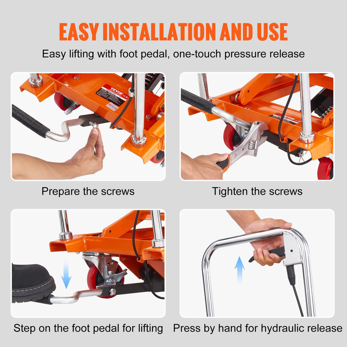 VEVOR Hydraulic Lift Table Cart, 500lbs Capacity 28.5" Lifting Height, Manual Single Scissor Lift Table with 4 Wheels and Non-Slip Pad, Hydraulic Scissor Cart for Material Handling, Orange VEVOR
