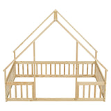 Bellemave Full Size Natural Montessori House Bed with Fence Rails for Kids Bellemave