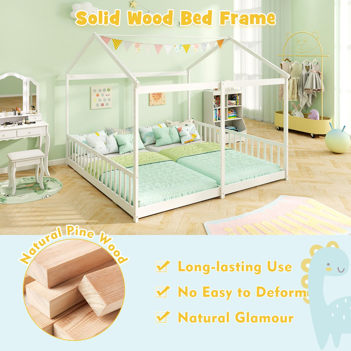 KOMFOTT Double Twin Floor House Bed, House Platform Beds for 2 Kids, Double Montessori Floor Bed with Safety Guardrails, No Box Spring Needed, Wooden Slat Supported Twin Floor Bed (White) KOMFOTT
