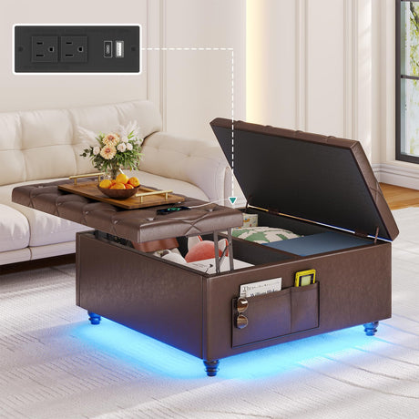 busyaeh Storage Ottoman Coffee Table,Square Ottoman Bench with Charging Station and LED Lights,Velvet Buttons Large Ottoman with Storage with Lift Top&Solid Wood Legs for Living Room Bedroom (Brown) busyaeh