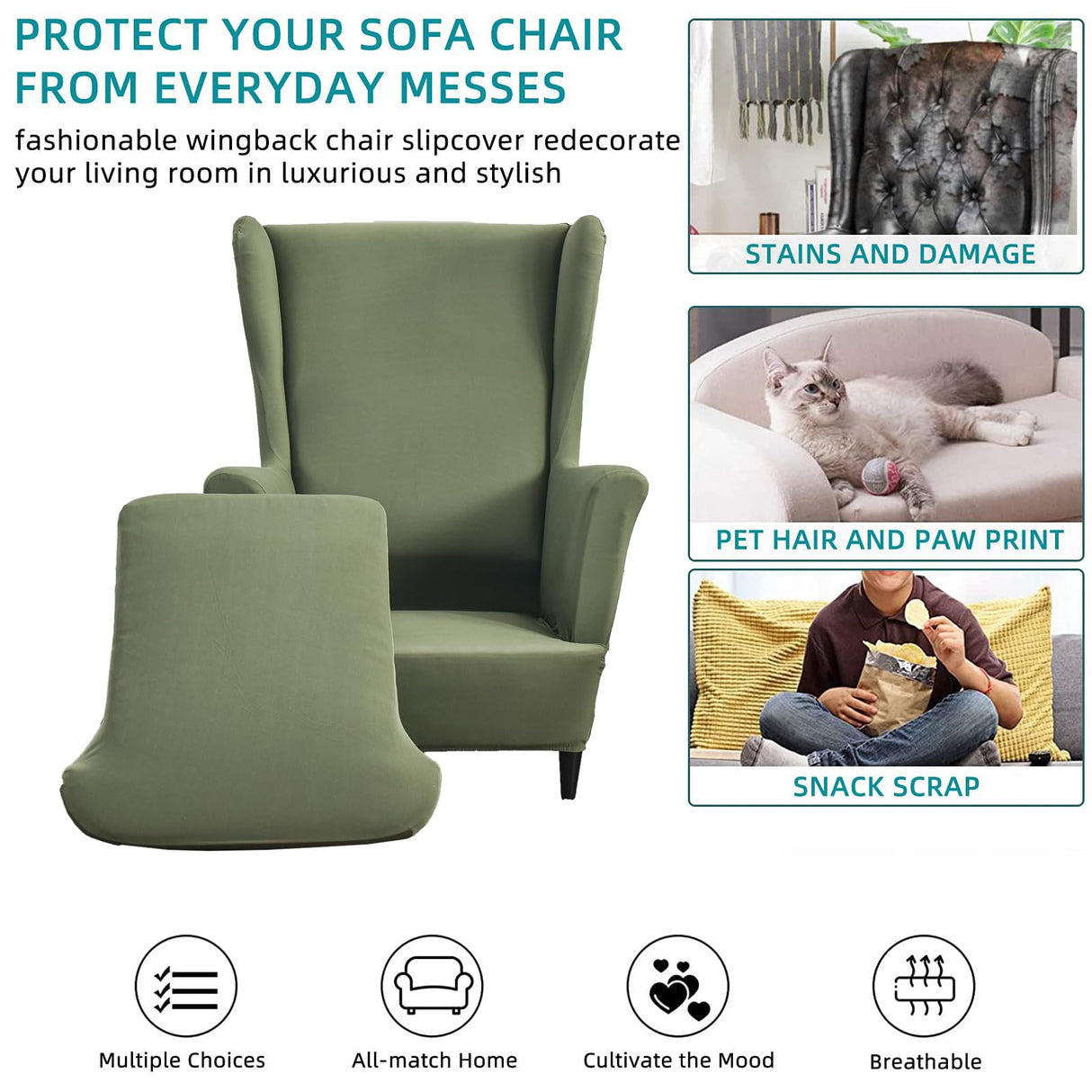 CRFATOP Polyester Wing Chair Covers 2 Piece Stretch Wingback Chair Slipcover Solid Wingback Armchair Covers with Elastic Bottom for Living Room Bedroom Wingback Chair,A32 CRFATOP