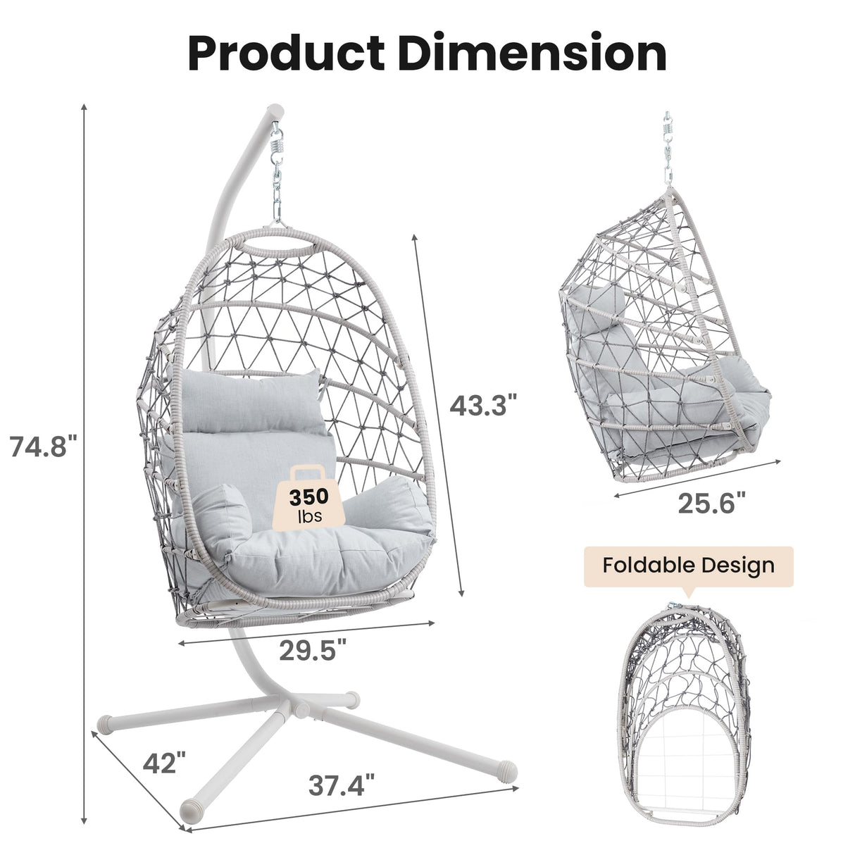 RoyalCraft Hanging Egg Chair Outdoor Swing Chair with Stand, Hammock Chair Indoor, Patio Boho Wicker Hanging Chair with Stand 350lbs Capacity for Garden, Balcony, Bedroom, Beige & Gray RoyalCraft