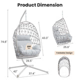RoyalCraft Hanging Egg Chair Outdoor Swing Chair with Stand, Hammock Chair Indoor, Patio Boho Wicker Hanging Chair with Stand 350lbs Capacity for Garden, Balcony, Bedroom, Beige & Gray RoyalCraft