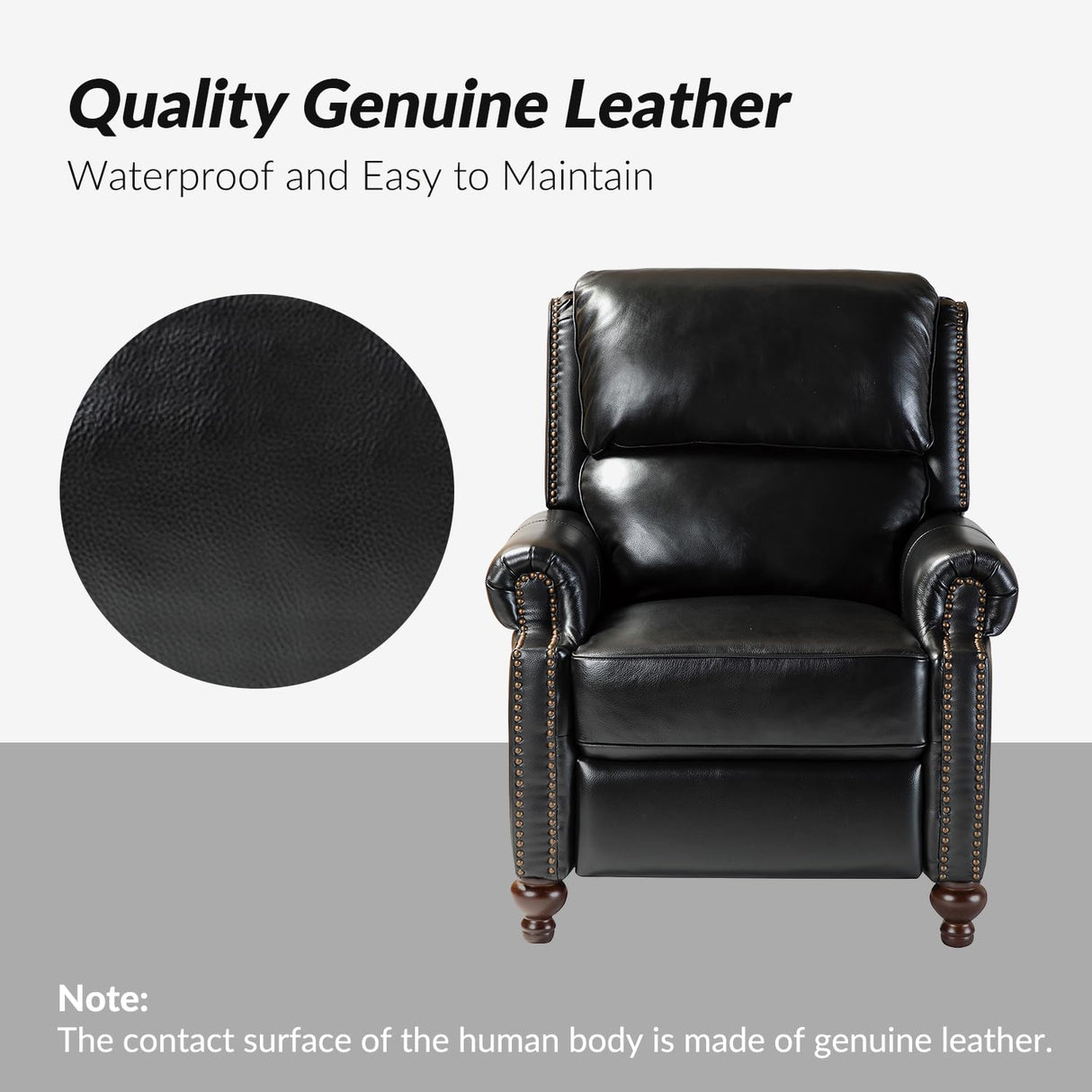HULALA HOME Genuine Leather Recliner Chair, Classic and Traditional Push Back Recliner Chair for Living Room, Adjustable Leather Cigar Reclining Vintage with Nail Head Trim,Black HULALA HOME