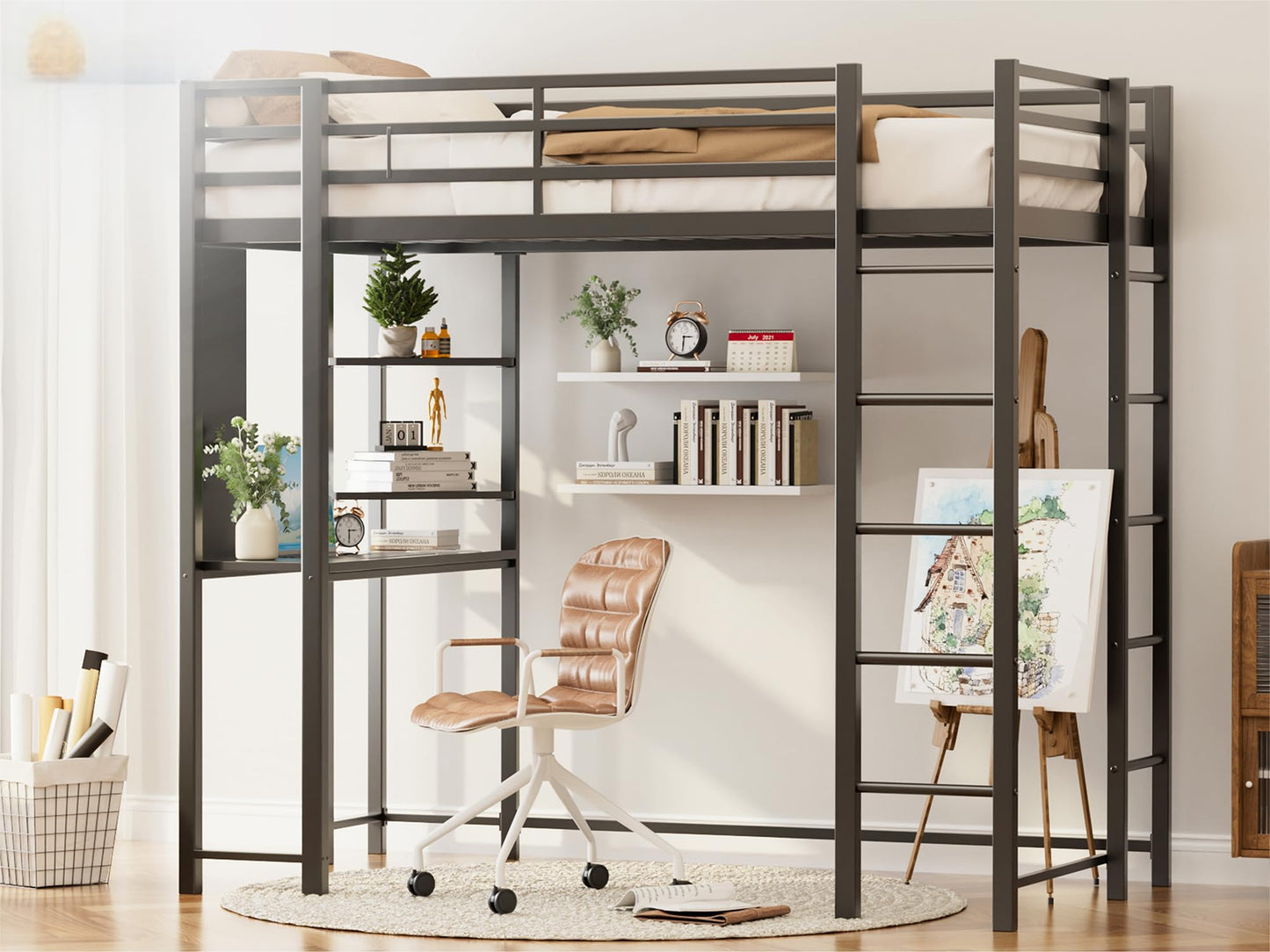 SUNLEI Loft Bed with Desk, Metal Loft Bed Twin Size with 2 Built-in Ladders, Space-Saving Bed Frame, Noise Free for Small Bedroom, with Safety Guard, Black (Twin Size)