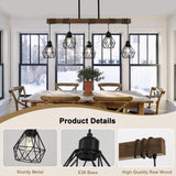 5-Light Kitchen Chandeliers Over Table, Farmhouse Black Dining Room Light Fixture, Linear Rustic Wood Ceiling Pendant Island Light Fixtures with Metal Lampshade, Height Adjustable CmnVmn