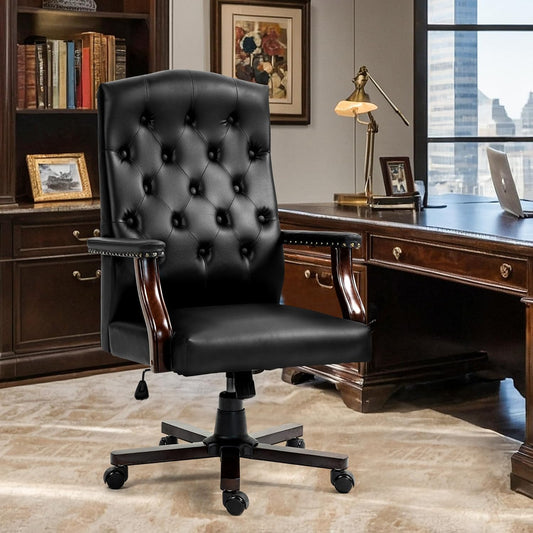 ECOTOUGE Vintage High Back Executive Office Chair - Retro Faux Leather Wingback Swivel Chair with Tufted Design, Wood Legs, Adjustable and Comfortable for Home Office or Conference Room Black - WoodArtSupply