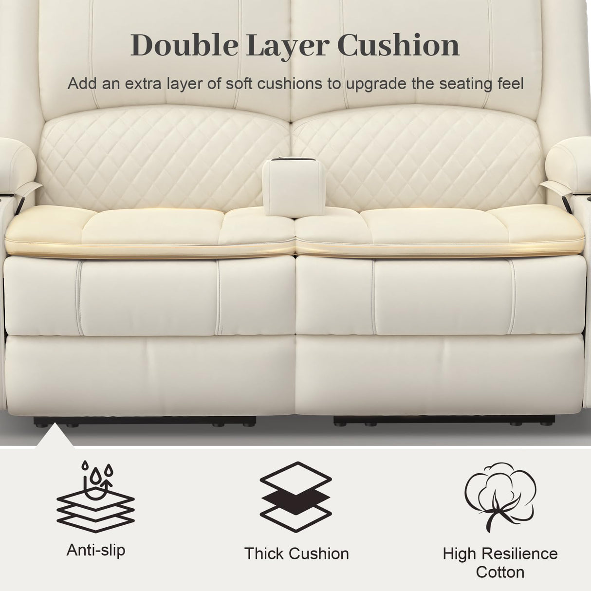 Yolsali Loveseat Recliner Sofa, Manual Reclining Loveseat with Removable Armrest, PU Leather Double Recliner for RV with 2-Tier Cushions, USB Charging Ports, Cup Holders - Ivory White, PU Yolsali