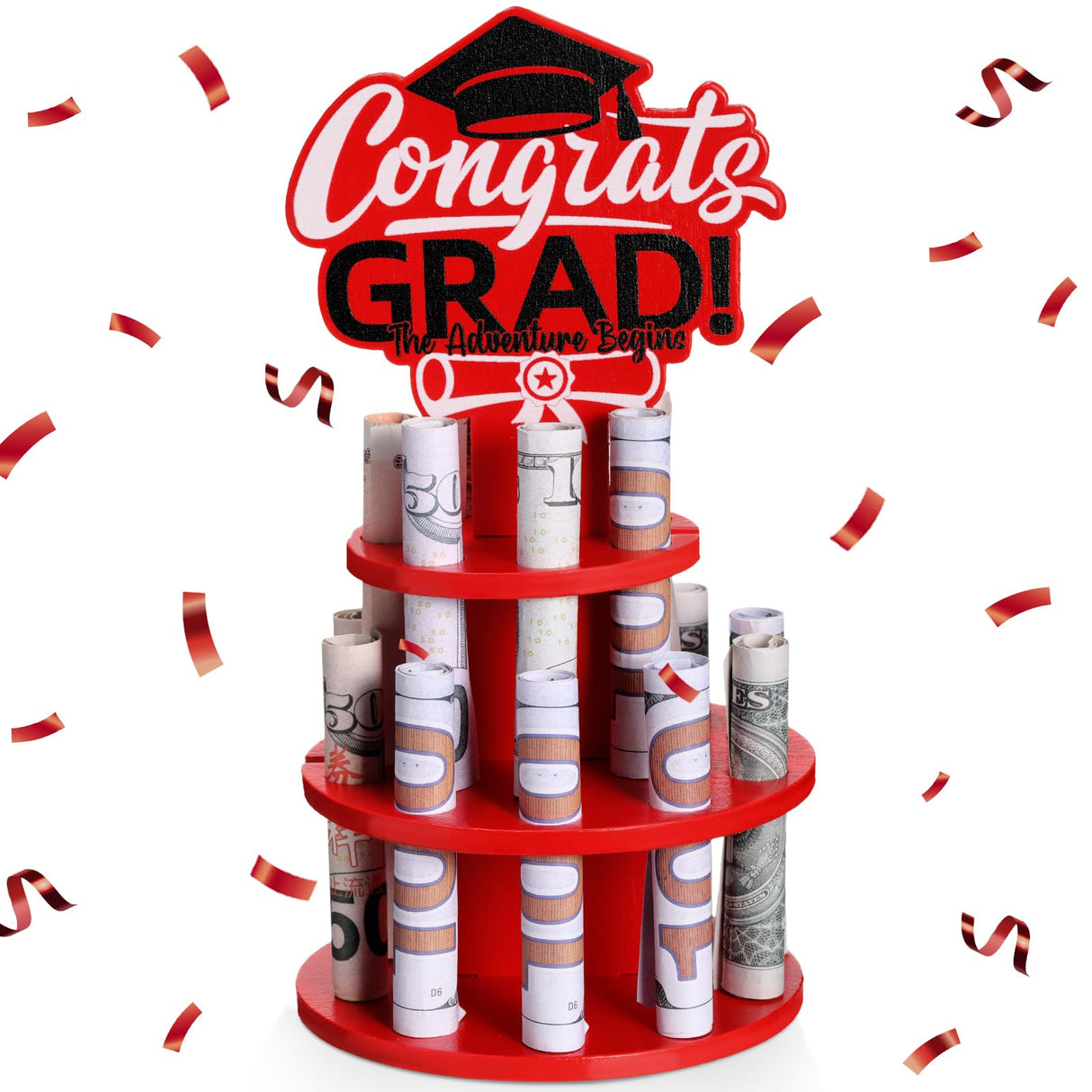 Thyle Graduation Gift Money Holder 2024 Graduation Gift Holders with 16 Holes Wooden Graduation Tiered Tray Cash Cake Graduation Money Tree Congrats Grad Holiday Party Supplies(Red) Thyle
