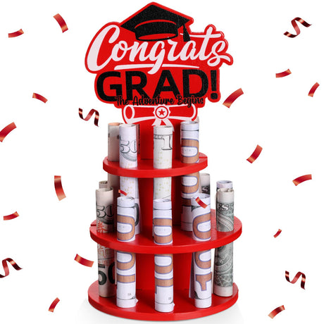 Thyle Graduation Gift Money Holder 2024 Graduation Gift Holders with 16 Holes Wooden Graduation Tiered Tray Cash Cake Graduation Money Tree Congrats Grad Holiday Party Supplies(Red) Thyle