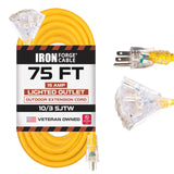 IRON FORGE CABLE 75 ft 10 Gauge Extension Cord with 3 Outlets, Heavy Duty 75ft Outdoor with 3 Prong Lighted Plug, 10ga Weatherproof Electric Cord SJTW, US Veteran Owned IRON FORGE CABLE