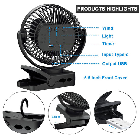 Portable Fan with Remote Control & Timer & LED Lights, 60hrs 12000mAh USB Rechargeable Battery Fan Could Clamp/Hanging/Stand Up, Small Clip on Fan for Baby Stroller, Bed, Desk, Camping Tent, Travel OUTERFAN