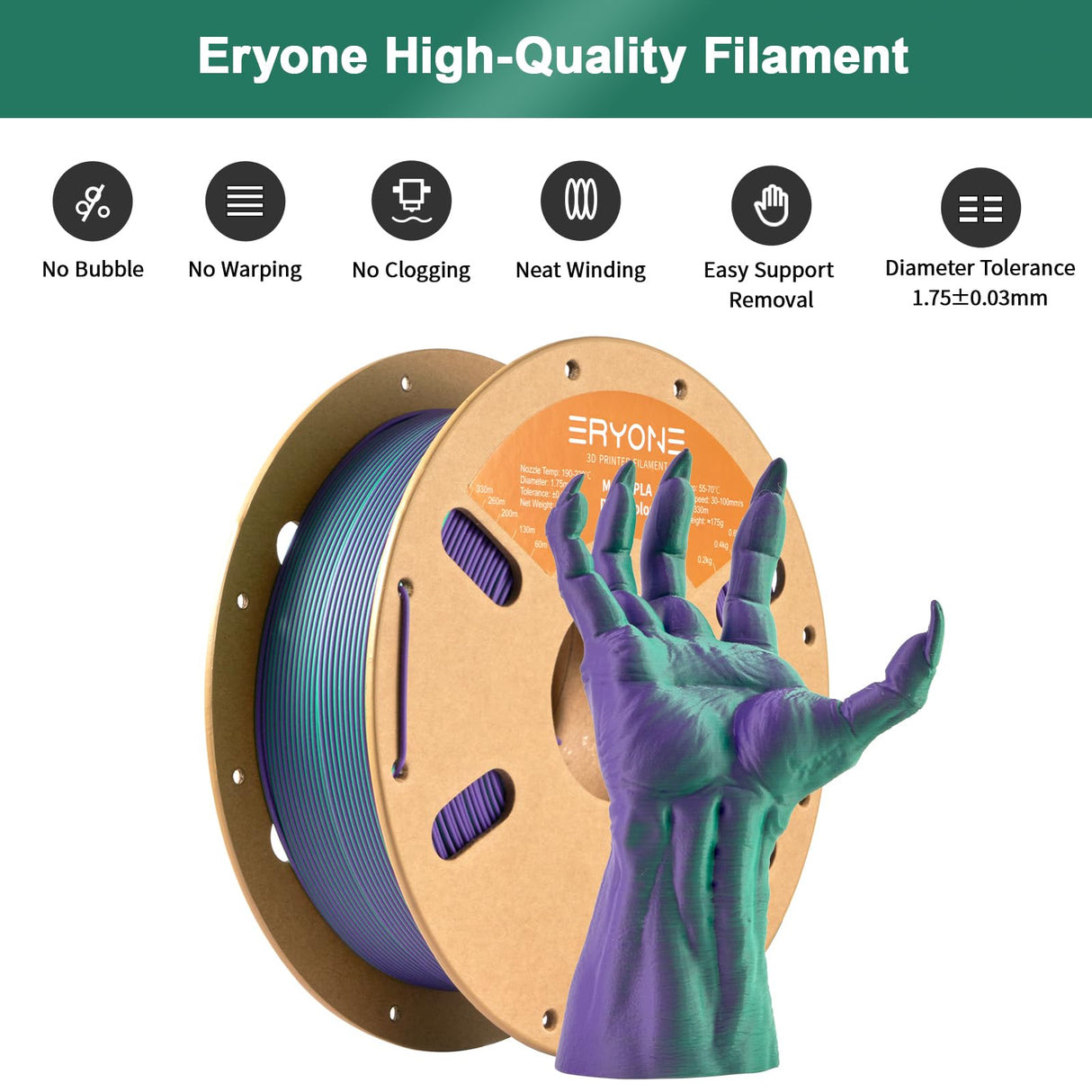 ERYONE Matte Dual Color PLA Filament 1.75 mm for 3D Printers,Accuracy +/- 0.03mm,1kg/ Spool(2.2lbs), Matte Green&Purple ERYONE
