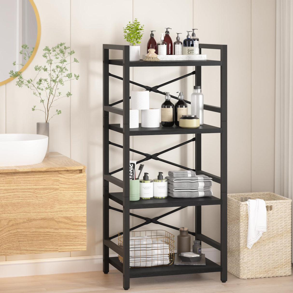 Yoobure 4 Tier Bookshelf - Small Book Shelf Industrial Bookcase, Narrow Book Case Book Storage Organizer for CD/Movie/Book, Bookshelves for Bedroom Office Living Room Black Yoobure