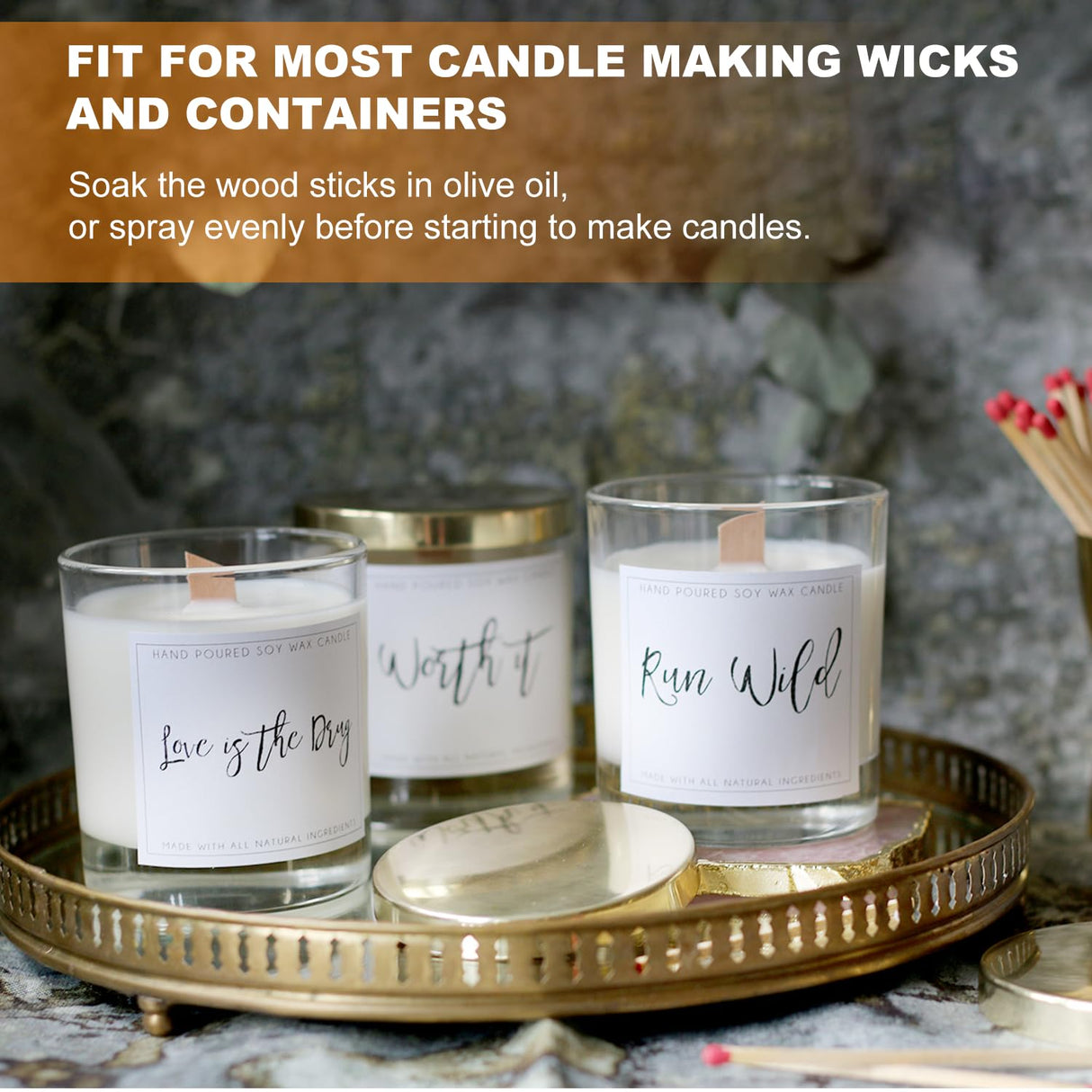 Wood Wicks for Candles Making with Case, Wooden Wicks for Candlemaking 5.1 X 0.5 Inch Smokeless Long Lasting Flame Natural Wood Candle Wick with Candle Wick Trimmer, Metal Base for DIY Candle(50 Sets) Yewltvep