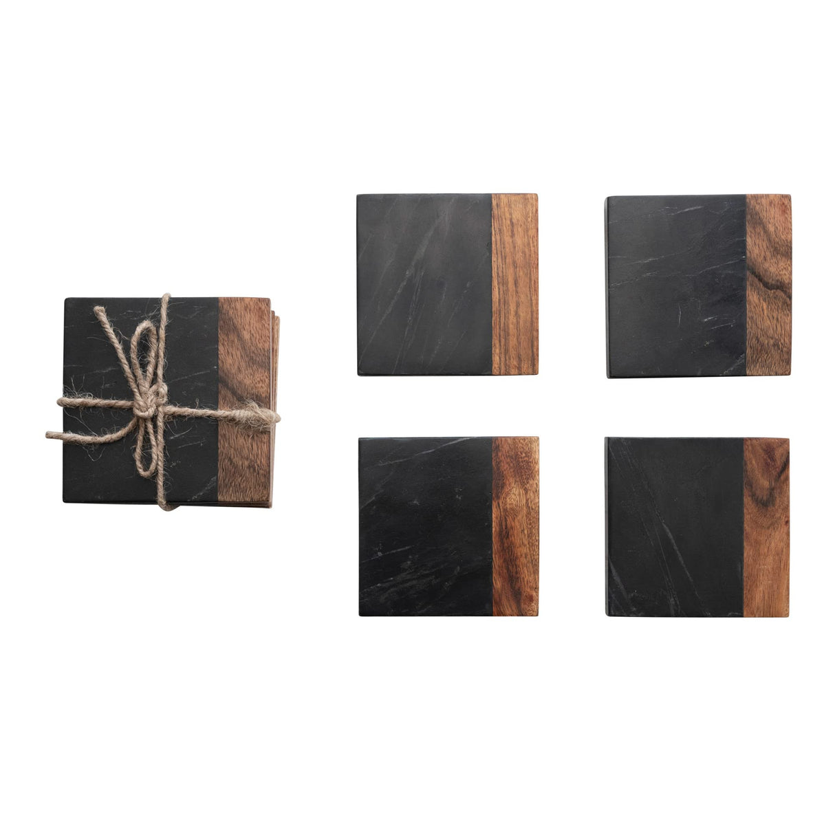 Creative Co-Op Marble and Acacia Wood 2-Tone, Black and Natural, Set of 4 Coaster Creative Co-Op