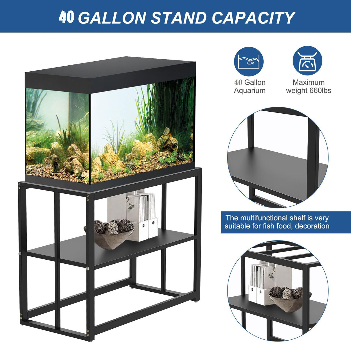 Akenow Fish Tank Stand 40 Gallon , Metal Aquarium Stand Double Layer with Storage 36.4" x 18.5"x29.1 fits Aquarium,Turtle Tank/Reptile Terrariums,White (Black) Akenow