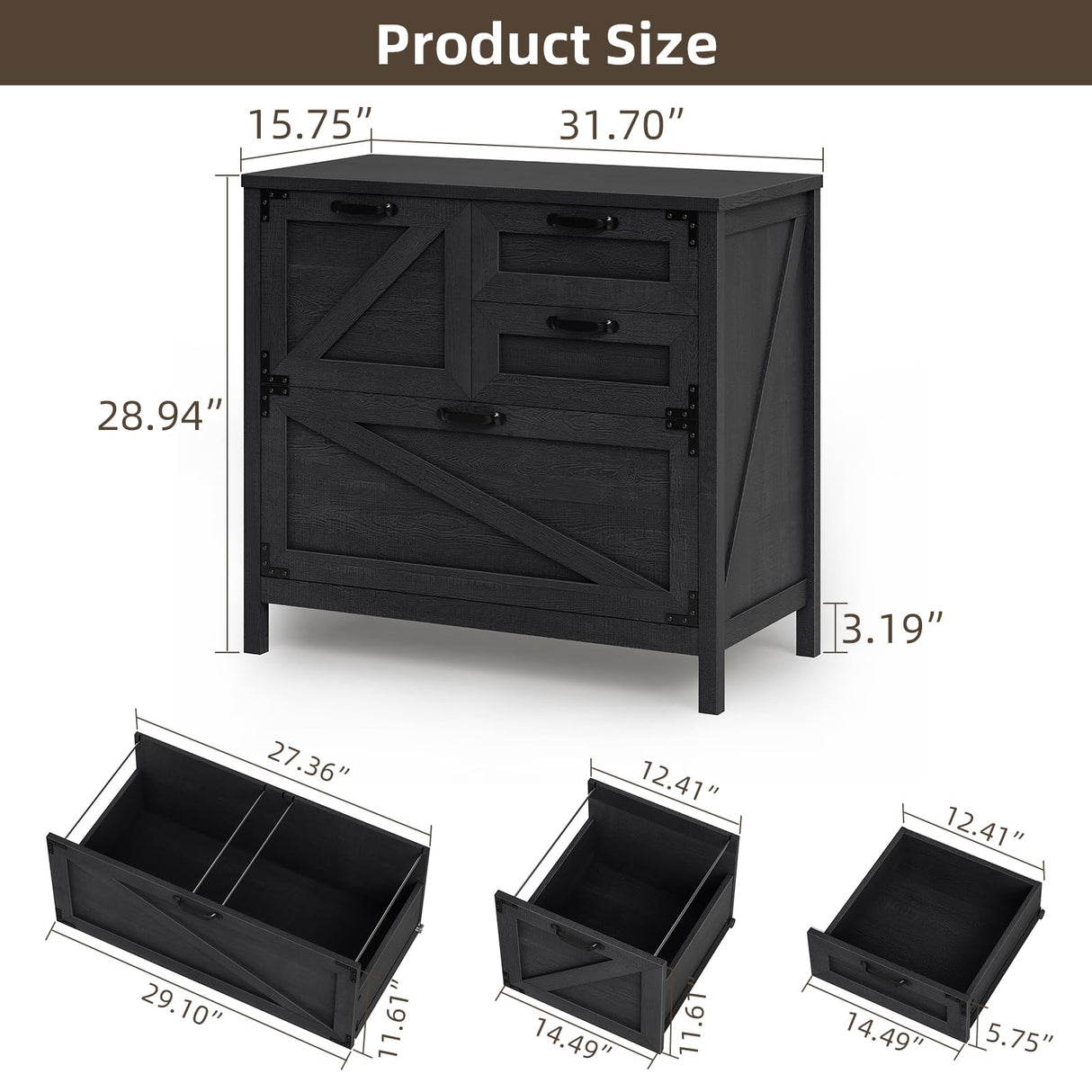 4-Drawer Wood Lateral File Cabinet for Hanging Files Letter/A4/Legal Size, Large Farmhouse File Cabinets for Home Office, Printer Stand with Office Cabinet, Black Vabches