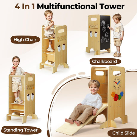 JUZBOT Toddler Tower 4 in 1 Toddler Kitchen Stool Helper Adjustable Standing Tower for Kitchen Counter with Safety Board, Slide, Chalkboard, Montessori Activities JUZBOT
