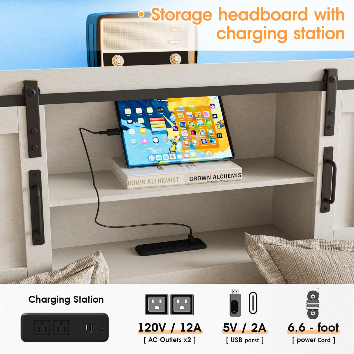 Fameill Farmhouse King Size Bed Frame with 4 Drawers and Bookcase Headboard, Sliding Barn Door Storage Shelves, LED Lights and Charging Station, No Box Spring Needed, Antique White Fameill