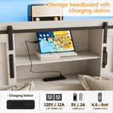 Fameill Farmhouse King Size Bed Frame with 4 Drawers and Bookcase Headboard, Sliding Barn Door Storage Shelves, LED Lights and Charging Station, No Box Spring Needed, Antique White Fameill