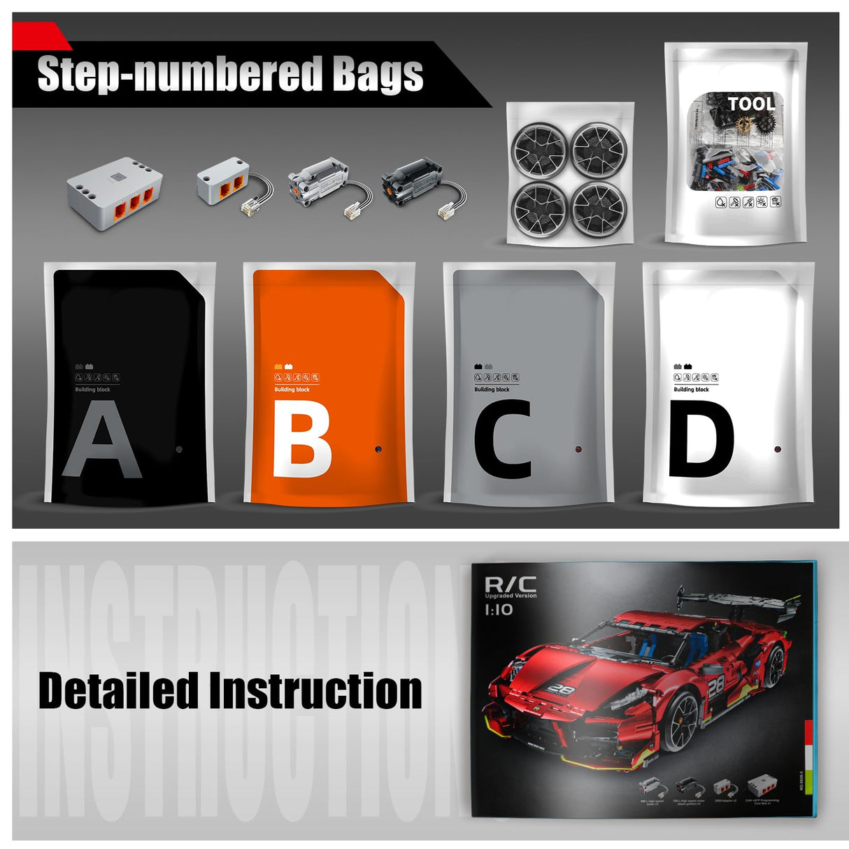 OWNONE 1 Remote Control Super Car Building Kits, 1835PCS Technique Plated Race Car Building Set for Adults Men Teens - with 5 Fast Motors, Electric Height Adjustment & Drift Spin Wheels OWNONE 1