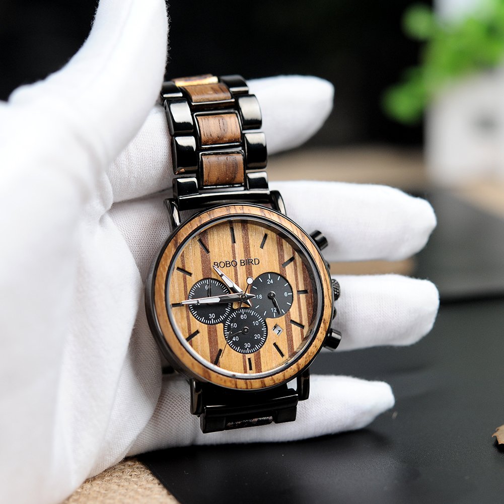 BOBO BIRD Wooden Mens Watches Wood & Stainless Steel Combined Chronograph Military Quartz Casual Wristwatches (Custom) BOBO BIRD