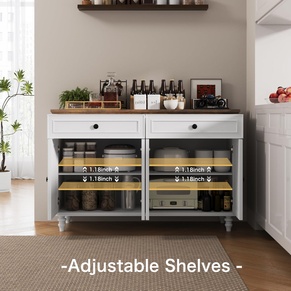 Farmhouse Buffet Cabinet with Storage, 47.6" Buffet Sideboard with 2 Drawers and 4 Doors, Wooden Kitchen Storage with Adjustable Shelves, Rustic Top Console Table for Dining Room, Kitchen or Entryway PROXRACER