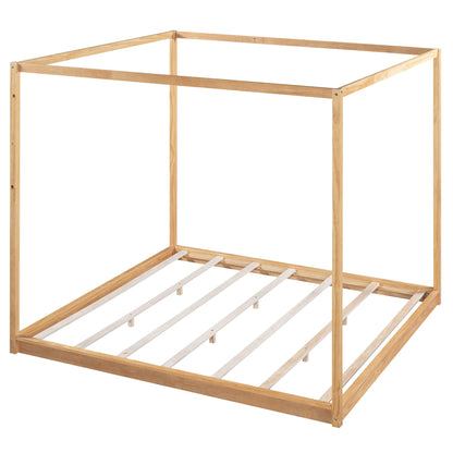 Stylish King Size Canopy Bed Frame in Natural Wood Finish with Slat Support - WoodArtSupply