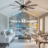 LuminFan 72 inch Large Ceiling Fans with Lights and Remote, Black Modern Ceiling Fan for Living Room, Patios, 6 Speed Reversible Quiet DC Motor, 8 Blades, Easy to Install LuminFan