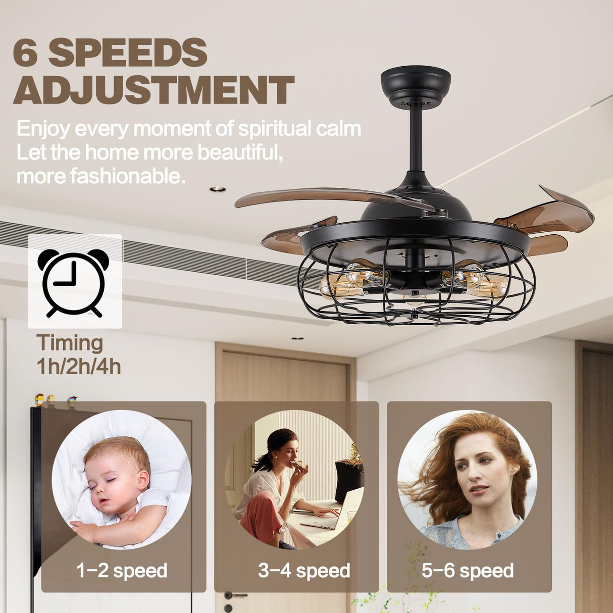 DuMaiWay 36" Caged Ceiling Fan with Lights, Industrial Retro Ceiling Fans with Remote Controller Vintage Style for Farmhouse/Living Room/Bedroom/Restaurant 5 Lights 4 Fan Blades Black DuMaiWay