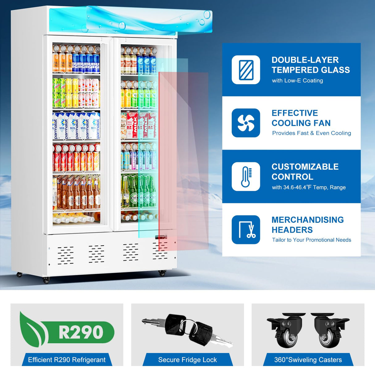 40 Cu.ft Commercial Beverage Refrigerators Glass Door Refrigerator Commercial with LED Light and 10 Shelves, Display Refrigerator for Restaurant Store Cafe Bar, ETL/NSF Approved, White ECEVT