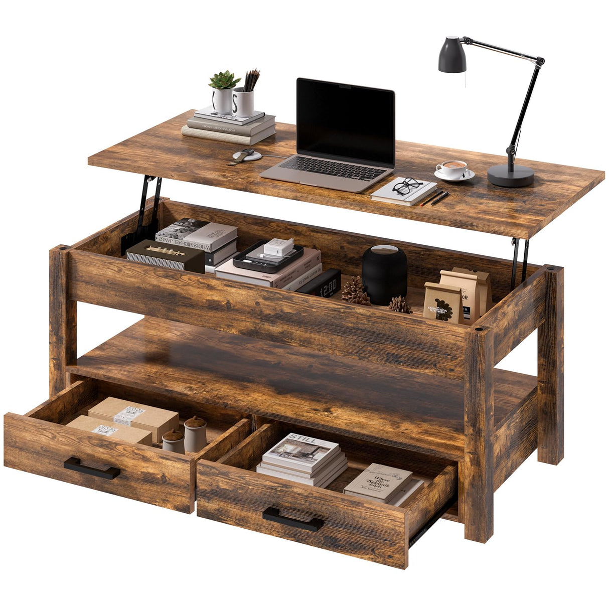 FABATO 41.7'' Lift Top Coffee Table with 2 Storage Drawer Hidden Compartment Open Storage Shelf for Living Room Dining Table Reception Room Rustic Brown FABATO