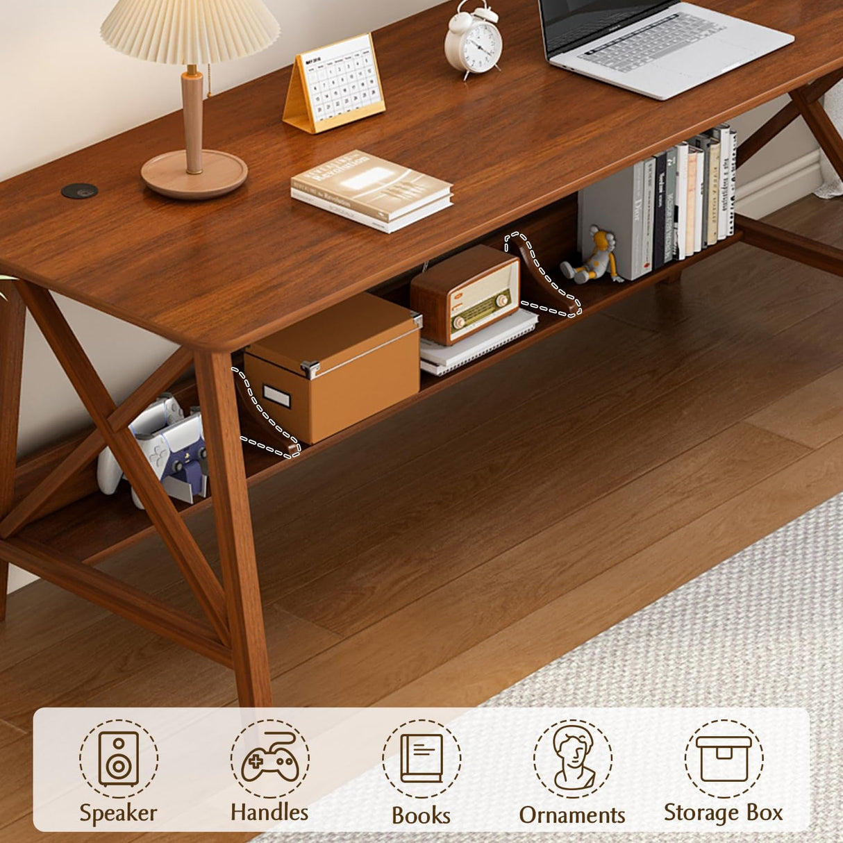NELYE Extra Long Desk with Bookshelf - Solid Wood Home Office Work Study Table, 2-Person Writing Computer Workstation with Storage Shelf in Walnut, 63" Wx20 Dx30 H NELYE
