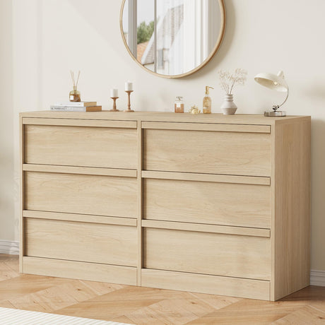 GarveeHome 6 Drawer Dresser for Bedroom, 47in Wide Natural Oak 6 Chest of Drawers with Large Storage, Wooden Dresser Organizer for Living Room, Entryway, Nursery GarveeHome