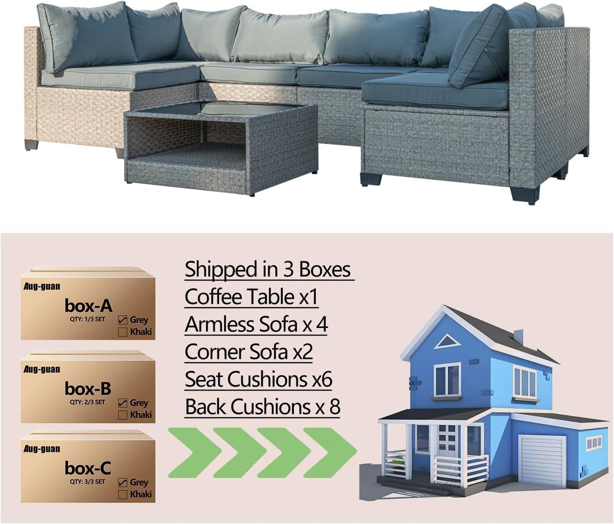 Aug-guan Patio Furniture Set 7-Piece, All-Weather Outdoor Conversation Set Sectional Sofa with Water Resistant Grey Thick Cushions and Coffee Table（Grey） Aug-guan