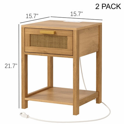 Rovaurx Rattan Set of 2 Nightstand with Charging Station, Wooden End Table with Storage Drawer and Opening Shelf, Bedside Table, Natural RCTG109ME02 - WoodArtSupply