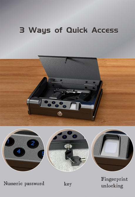 gun safe .Gun Safes for 2 Pistols with 3 Quick-Access Fingerprint，Passcode，Key.with Voice Prompt Pistol SafeHandgun Safe, Hand Gun Lock Box for Home Drawer Car Bedside Nightstand WoodArtSupply