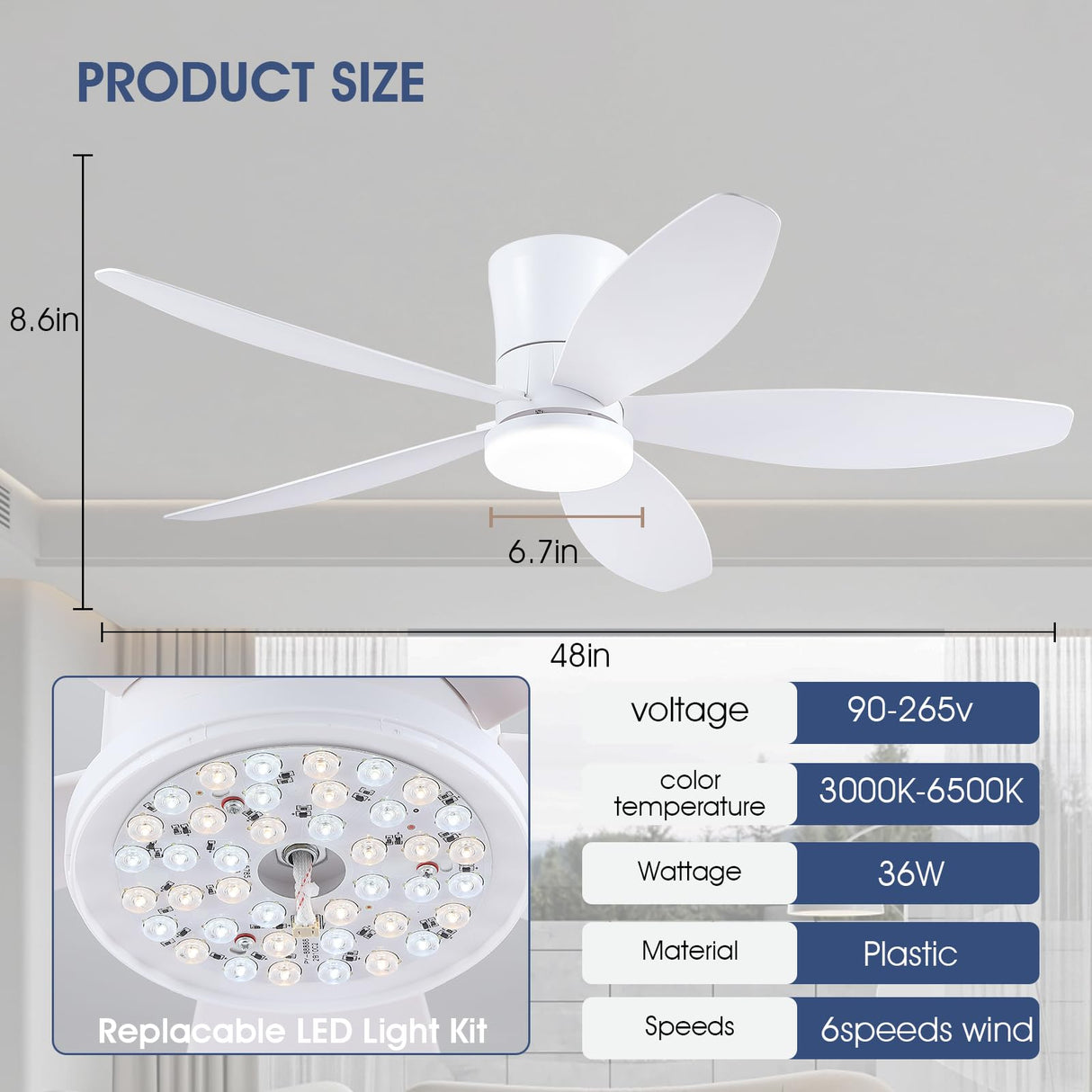 Surtime 48" Ceiling Fans with Lights-Low Profile Ceiling Fan with Light and Remote/APP Control,Flush Mount,DC Reversible,LED Dimmable Modern Ceiling Fans for Bedroom,Indoor/Outdoor Patio Use(White) Surtime