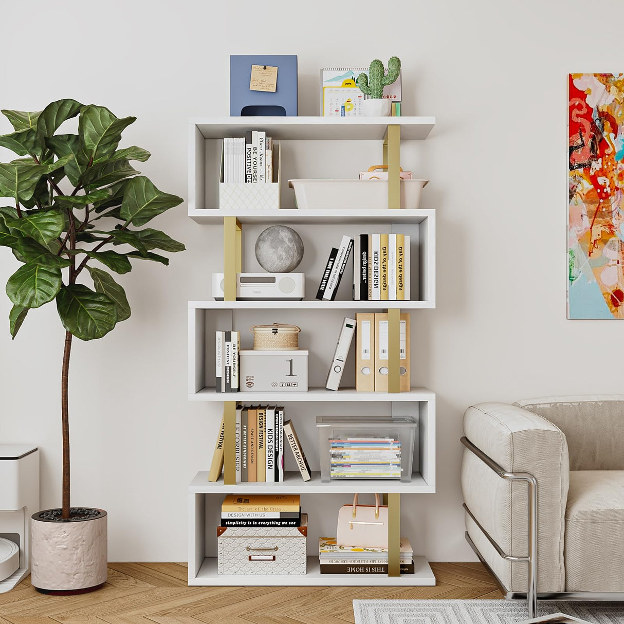 SORCEDAS Bookshelf Geometric Bookcase S Shaped Industrial Bookshelf Storage Display Stand Shelf for Living Room Bedroom and Office Room (White, 5 Tier) SORCEDAS