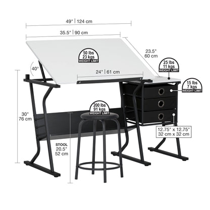 SD Studio Designs 2 Piece Eclipse Ultra Center/Drawing Table with Stool, Angle Adjustable Top, Storage Shelves, and Drawers - WoodArtSupply