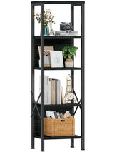 Furologee 5 Tier Tall Bookshelf with Back, Industrial Narrow Bookcase, Display Standing Shelf Units, Metal and Wood Storage Corner Shelves Organizer for Bedroom, Living Room, Entryway, Kitchen, Black Furologee