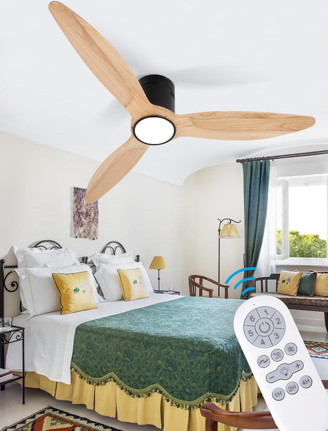 OUATER Wood Flush Mount Ceiling Fan with Light,52 inch Low Profile Modern Ceiling Fans for Outdoor/Patios/Bedroom/Office,3 color light,6 Speed,DC Motor,Wood and Modern Matte Black OUATER